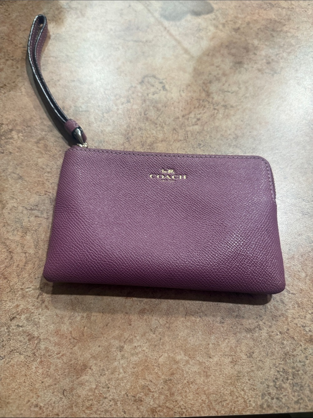 Coach Plum Leather Wristlet Pouch with Strap